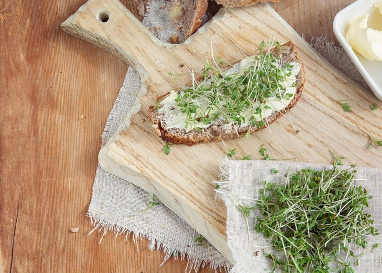 cress, food, green, loaf, butter bread, cress bread, wooden board, cutting board, land love, close up, freedom of text, nourishment, bread topping
